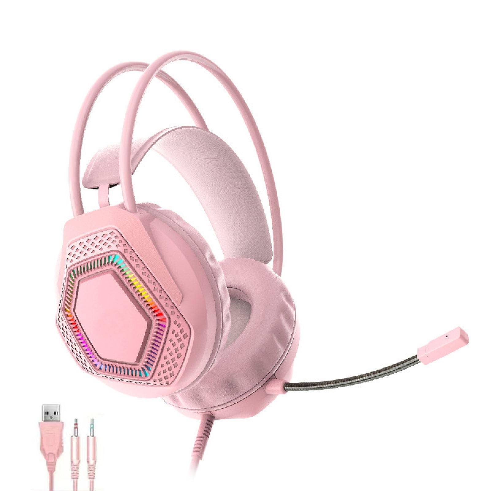 Casque de jeu filaire 3,5 mm 7.1 son surround RVB avec microphone antibruit, pilote de 50 mm, coussinets d'oreille en mousse à mémoire de forme pour PC Switch (rose)