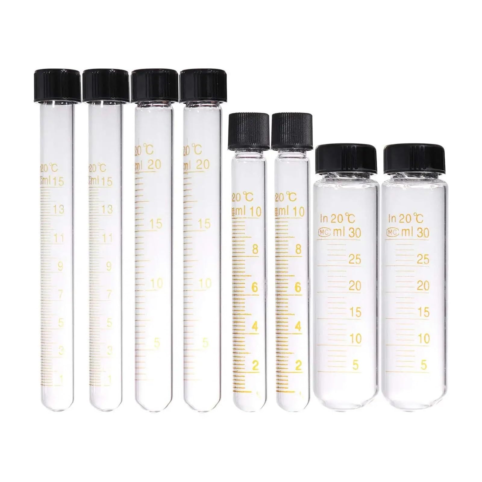 Tubo de ensayo de centrífuga de vidrio, 5ml, 10ml, 15ml, 20ml, 25ml, 50ml, 100ml, tubo de ensayo de vidrio graduado, tubos de fondo redondo con tapón de rosca(20ml 8pcs)