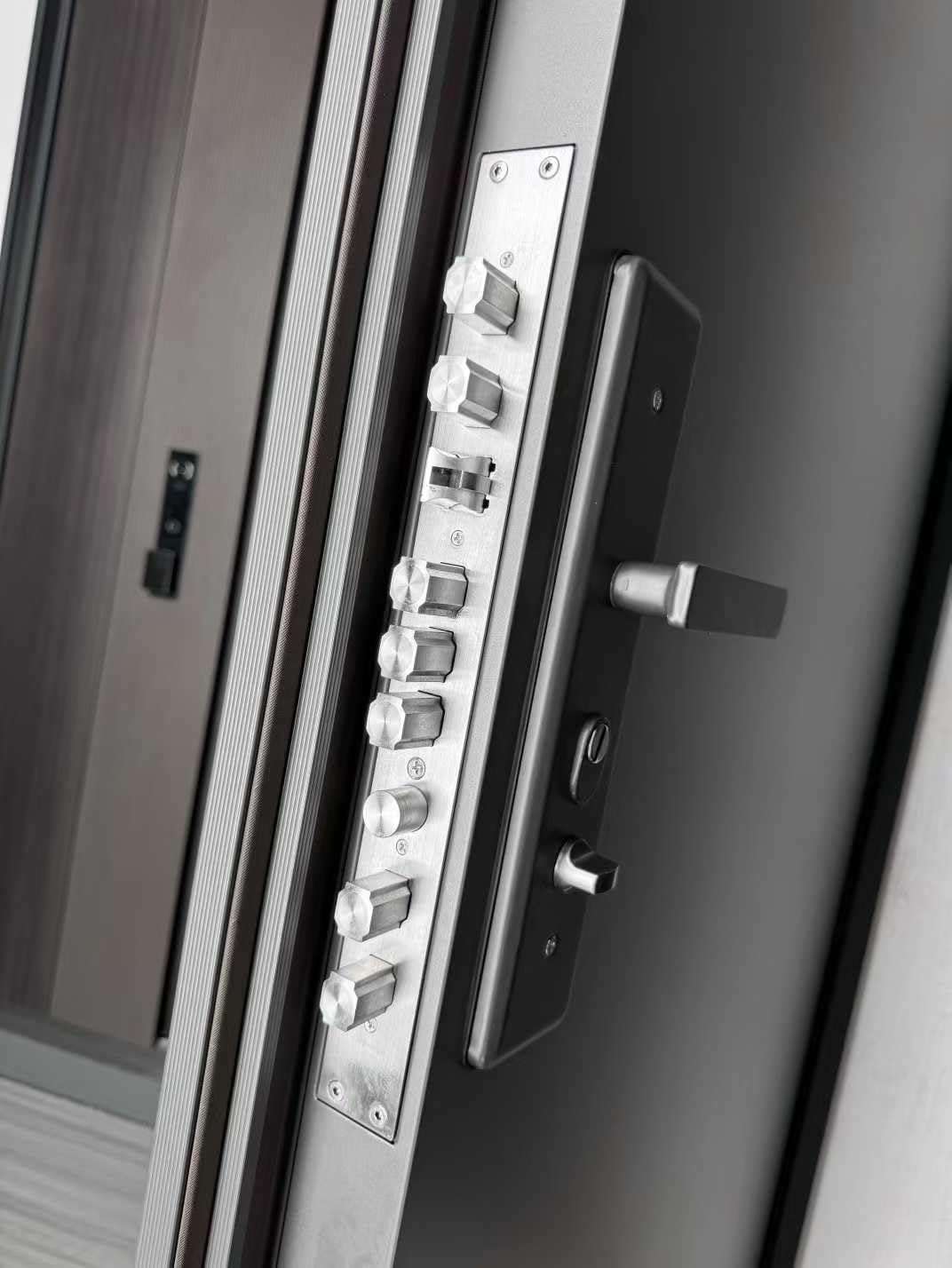 Modern Steel Security Entry Door, Matte Dark Gray, 37.8x84.6 Inch, with Smart Fingerprint Lock, Zinc Alloy Panel, Aluminum Foam Fill (Right-Hand Outward Opening Door)