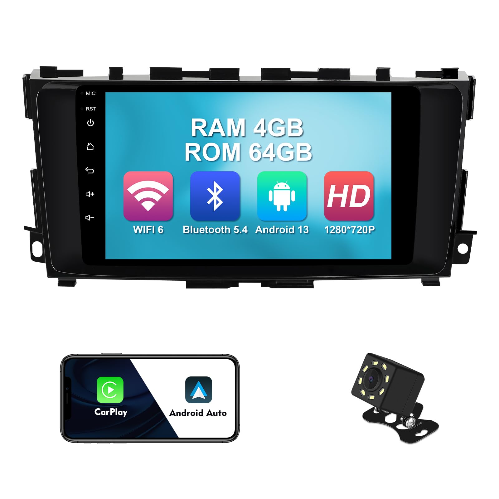 4+64G 9-inch Android 13 WiFi 6 Car Stereo for Nissan Altima 2014-2018 IPS Touchscreen Screen Bluetooth 5.4 Car Radio with Carplay & Android Auto