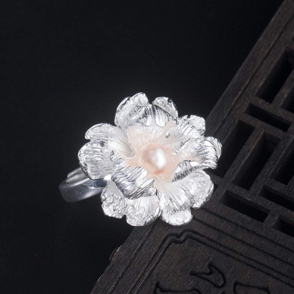 HGJH Anelli d'Argento,S925 Anello in Argento Sterling con Fiore di Peonia Anelli Regolabili Anello Aperto retrò in Stile Cinese Anello in Argento con Ciondolo Eternity Regali per Gioielli per Ragazze