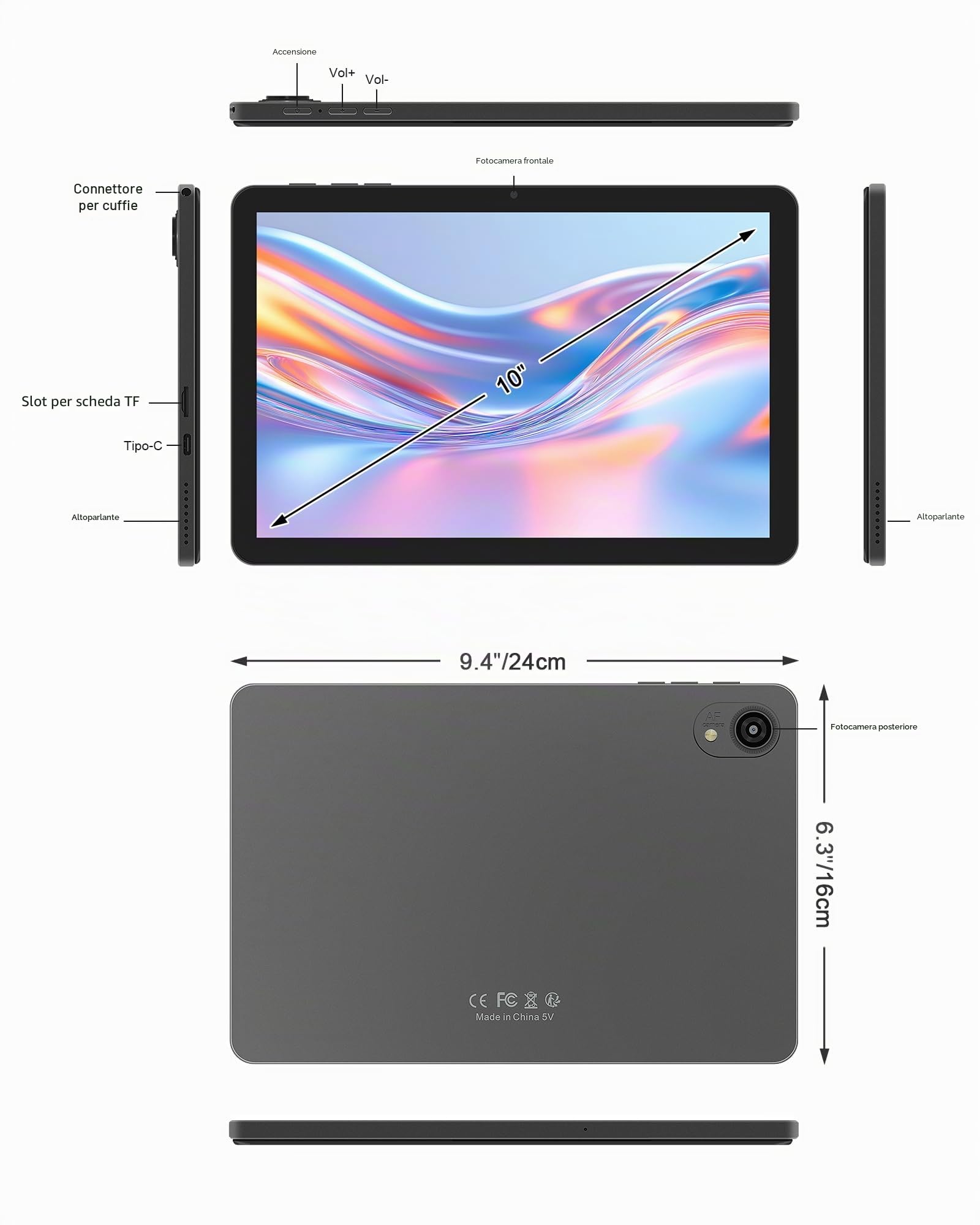 Tablet Android da 10 Pollici, Doppia Fotocamera, WiFi, Bluetooth, Grigio scuro