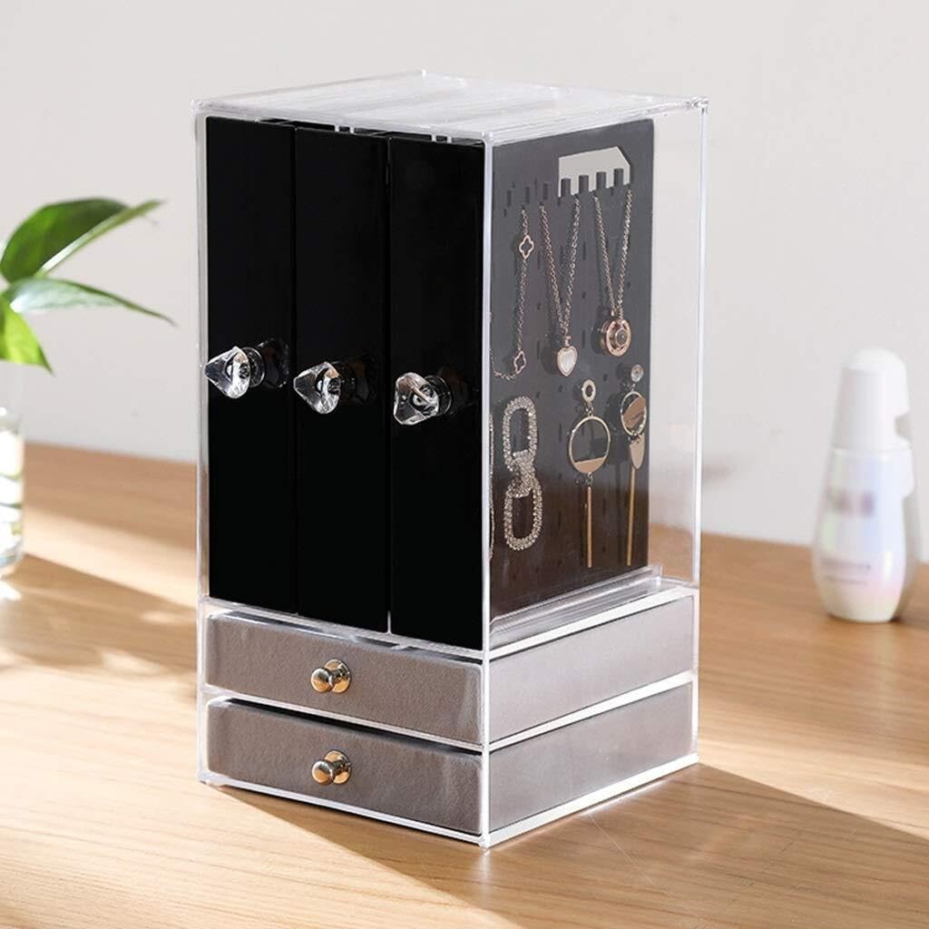 Organizador de Joyas de acrílico con 2 cajones y 3 colgadores para Pendientes, Transparente para Anillos, Collares y Pulseras.