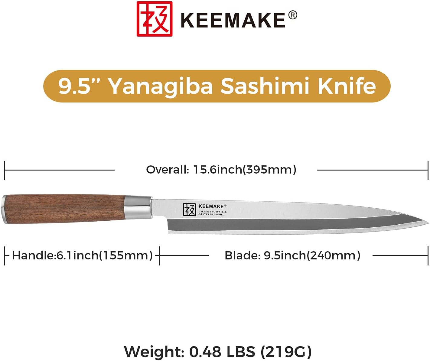 KEEMAKE Sashimi Sushi Knife Japanese - 9.5 inch Yanagiba Knife Japanese VG10 Stainless steel Single Bevel Blade, Perfect Rosewood Handle Filleting & Slicing Knives