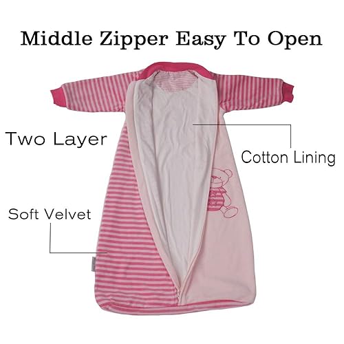 Miniatura 5 de Saco de dormir para bebé, manta de manga larga de terciopelo de algodón para niñas y niños pequeños, rosa, cremallera de 2 vías, sensación de