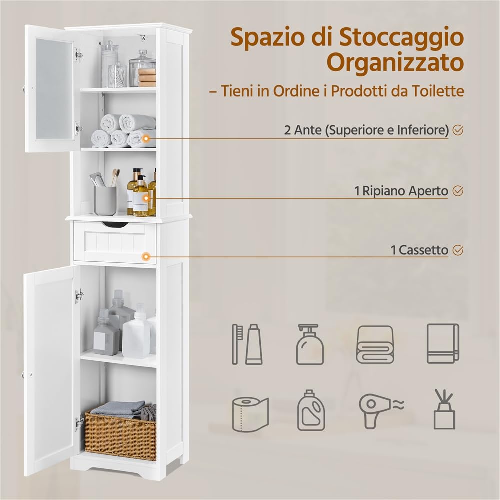 Yaheetech Armadietto da Terra con Ripiani Regolabili Armadio da Bagno con Ante Mobile Autoportante in Vetro Mobiletto con Cassetto per Cucina Soggiorno Stile Shabby Chic 40 × 30 × 170 cm Bianco