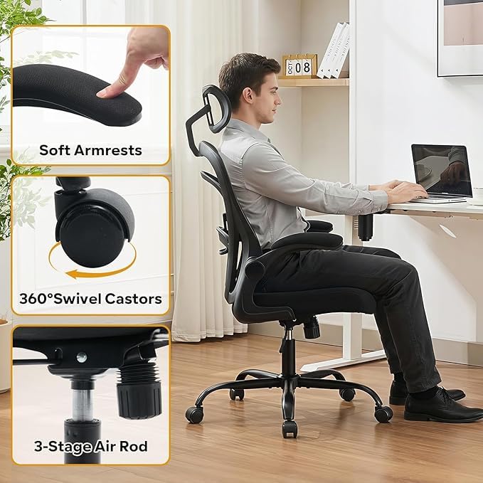 Chaise de bureau haute en maille noire avec accoudoirs relevables confort - 4