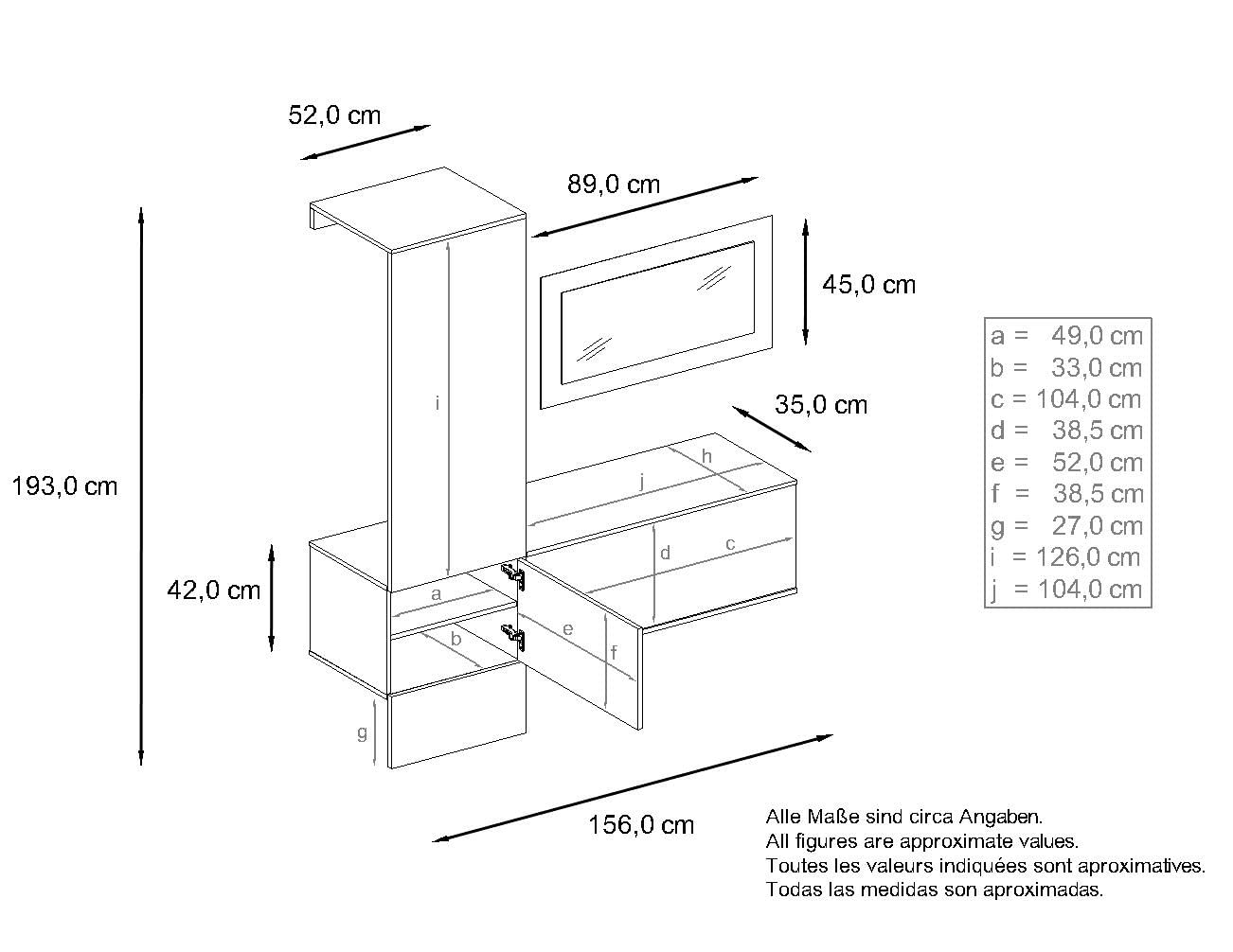 Vladon Garderobe Carlton Set 4, Made in Germany, Garderobenset bestehend aus 1 Garderobenpaneel, 1 Schrankmodul und 1 Wandspiegel, Weiß matt/Weiß Hochglanz (156 x 193 x 35 cm)