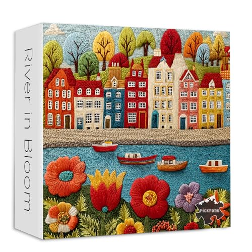 Rompecabezas PICKFORU de 1000 piezas con tema de pueblo bordado y flores, para adultos, decoración para el hogar