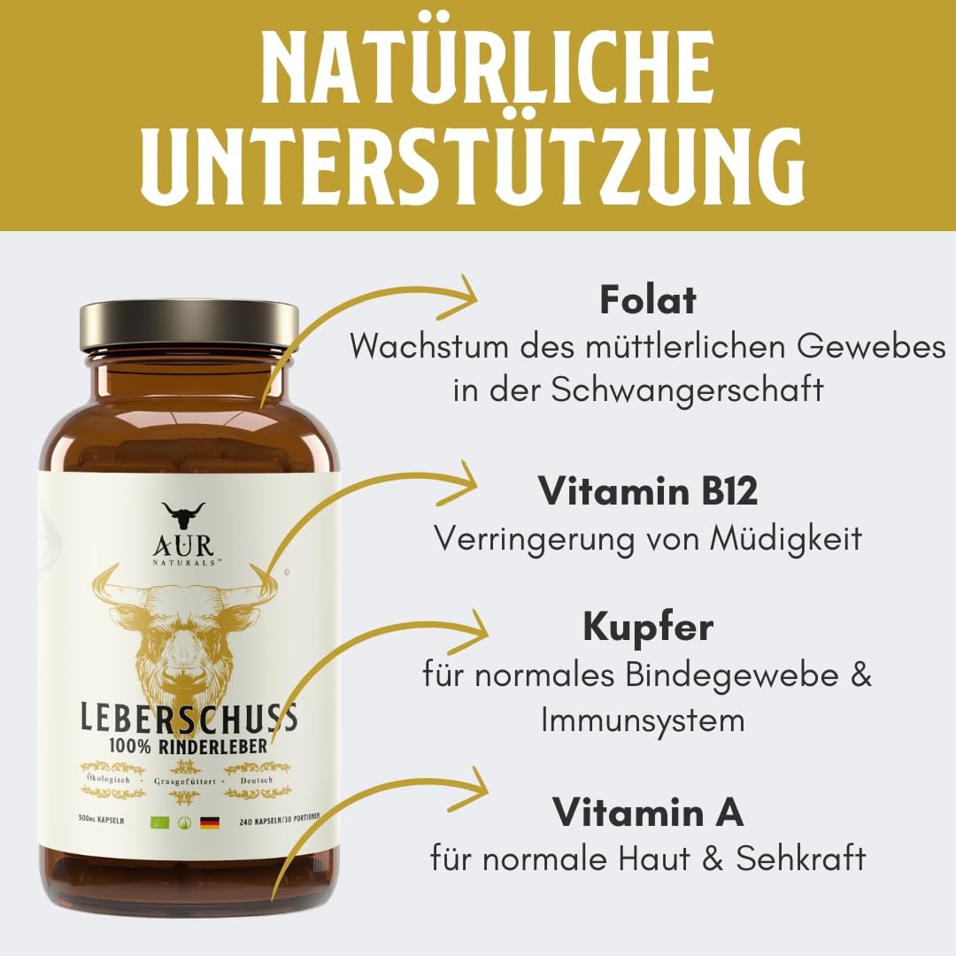 Bio Rinderleber Kapseln – 240 Stück von grasgefütterten Weiderindern aus Deutschland | Natürliches Multivitamin mit Folat, Eisen, Vitamin B12 & Kupfer | Hochwertiges Leber-Supplement I AUR Naturals