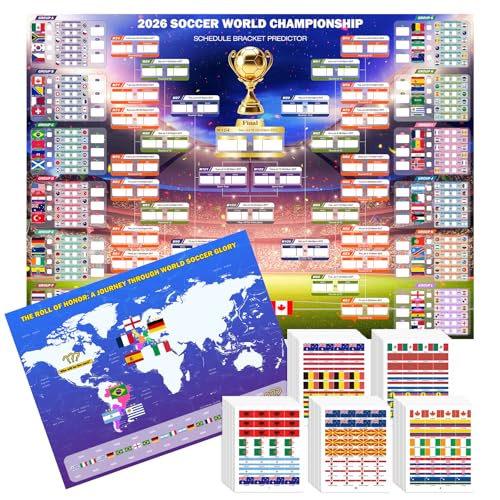 2026 World Soccer Cup Schedule Poster 2PcsMerchandise with 600 Flag Stickers and Past Champion Poster 43.3*31.4 Extra Large Tournament Wall chart for Soccer Fans Soccers Gifts Party Decorations