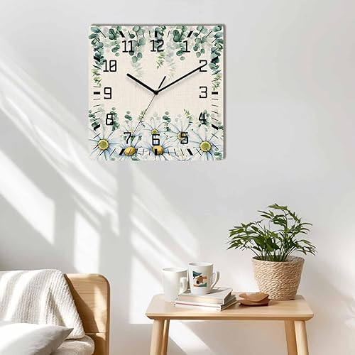 Miniatura 2 de Debedcor Daisy Eucalyptus Leaves Wooden Wall Clock Silent Non Ticking, Rustic Spring Floral Botanical Square Wall Clock Battery Operated, Decor