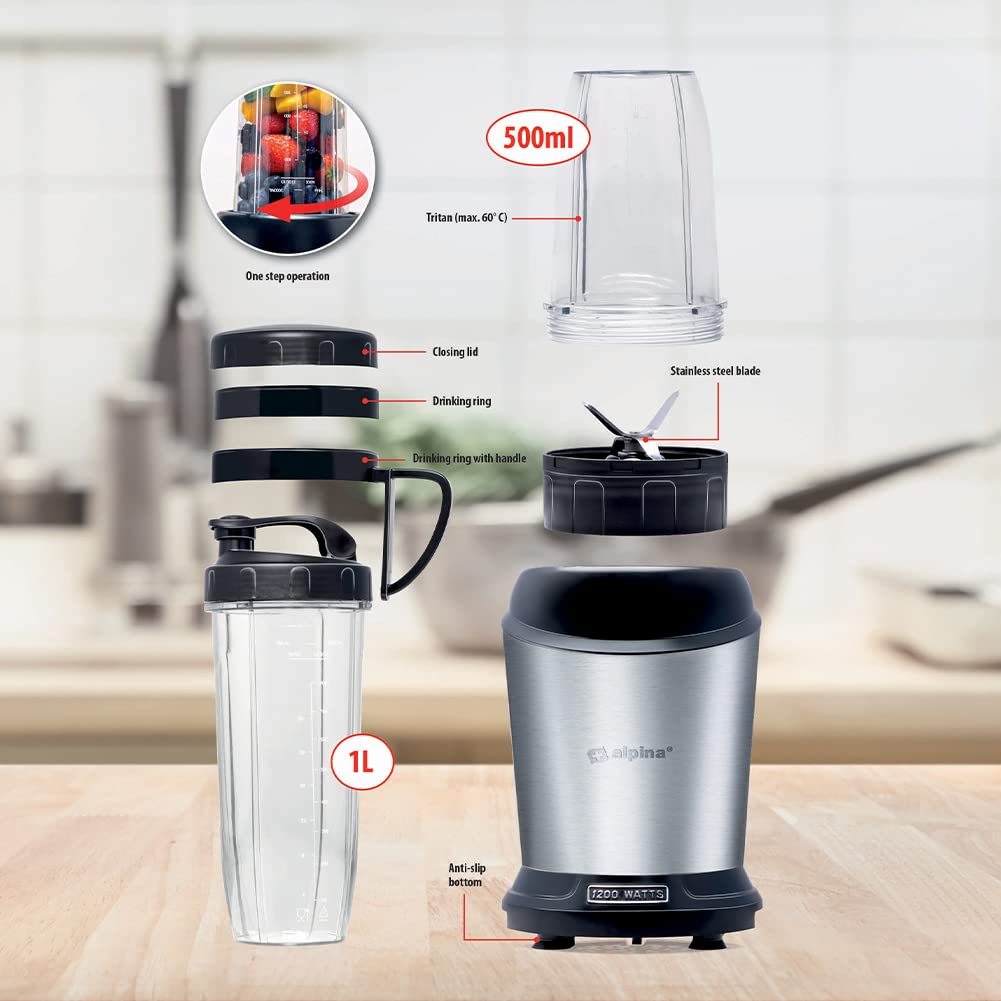 BAKAJI Frullatore in Acciaio Inossidabile Smoothie Blender con Caraffa da Asporto da 1 Litro, 1200W Potenza, Ideale per Pappe, Frullati, Salse, 220-240 V, 1 Velocità, Dimensioni ‎14.5 x 14.5 x 40.5 cm