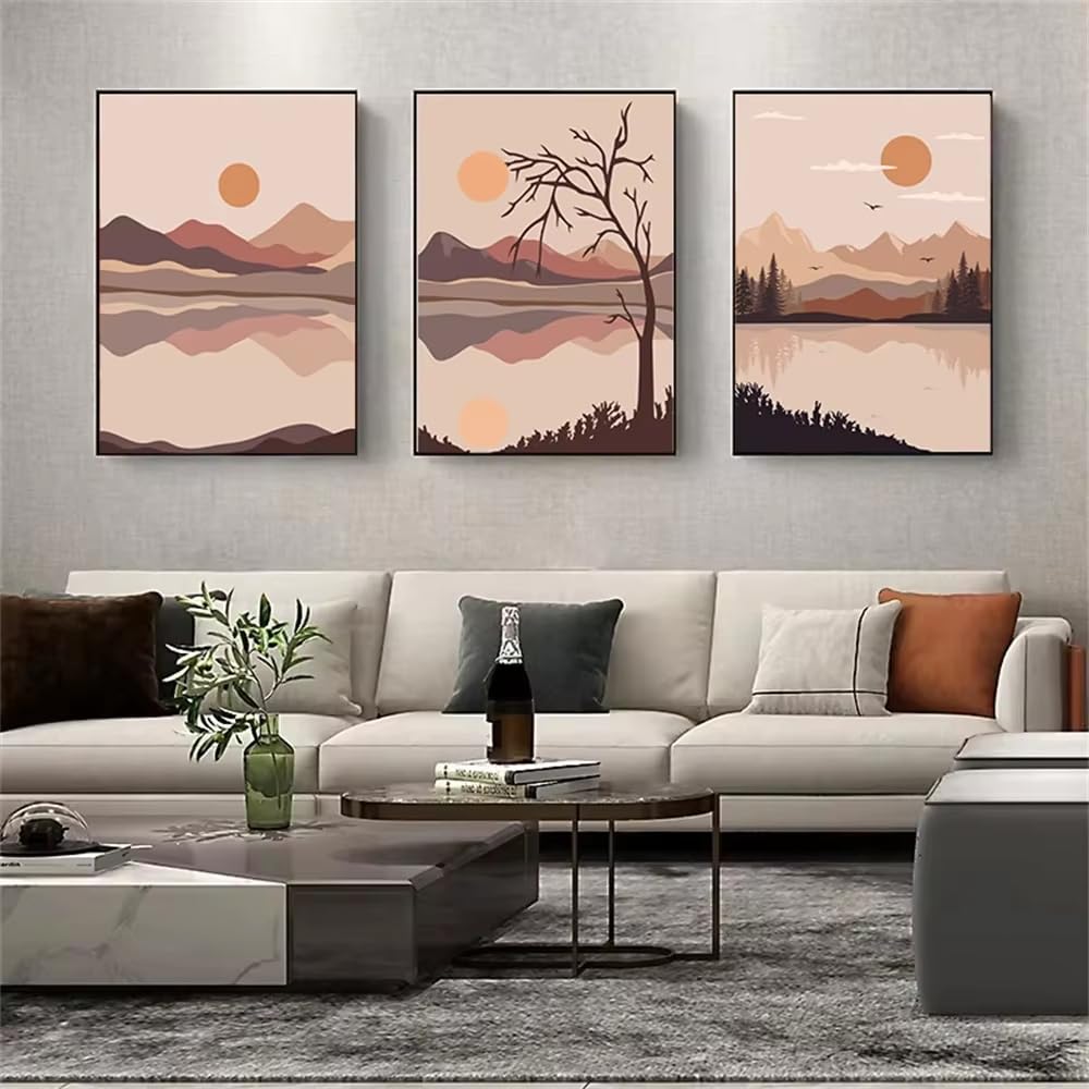 AEFOUU Abstract Orange Sun Poster Boho River Tree Mountain Wall Art Canvas Painting Retro Landscape Print Wall Pictures Home Decor(60x90cm/24x36in/Frameless)