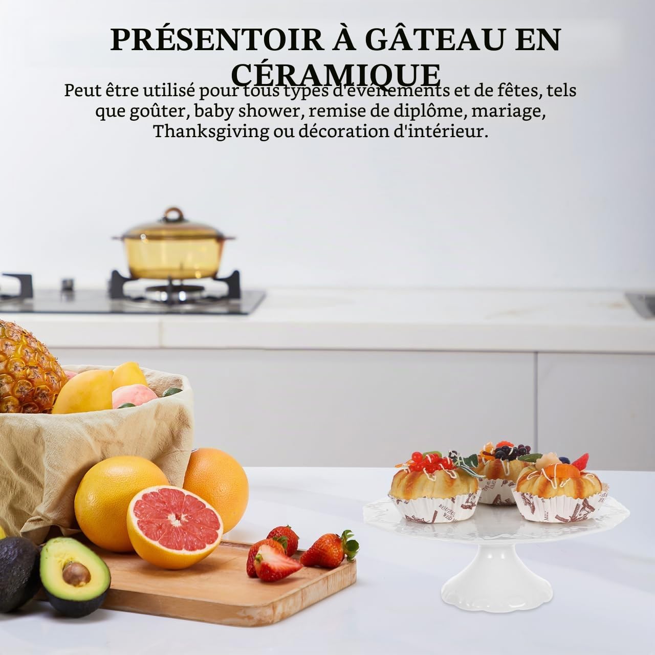 DOITOOL Présentoir à gâteau rond en céramique de 25 cm avec support de fruits en relief pour cupcakes, desserts, biscuits, fruits, bonbons, fêtes, mariages