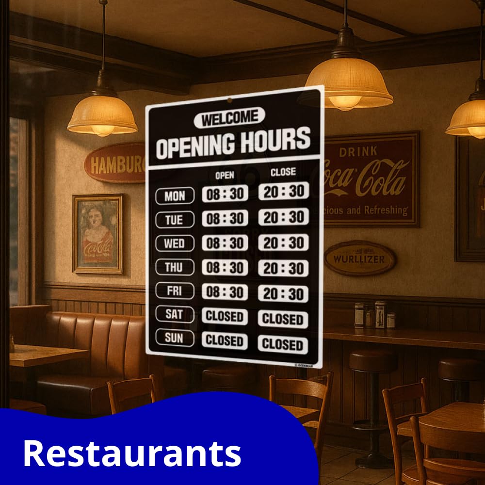 GEEKBEAR Panneau d'heures d'ouverture (Noir) - Panneau d'heure d'ouverture - Panneau d'heures de magasin - Panneaux d'heures d'ouverture pour les entreprises - Panneau ouvert avec heures