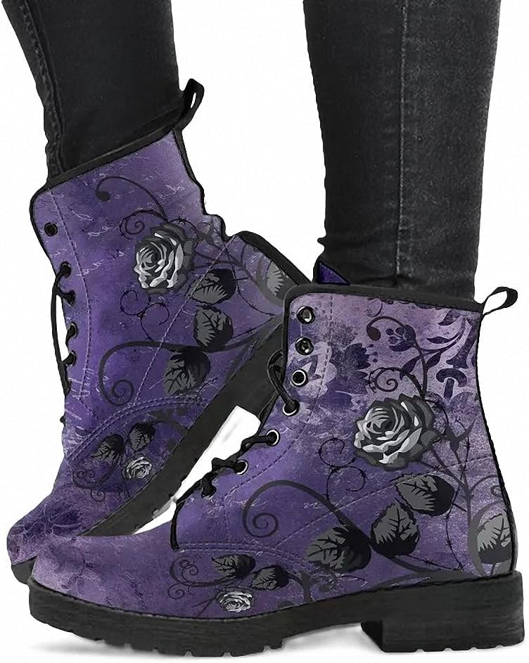 Women’s Printed Ankle Boots with Butterfly Girl Rose Skull Flower Leather Lace-up Combat Booties Floral Shoes Stylish Casual Everyday Travel Party Christmas Halloween Valentine's Day (Customized)
