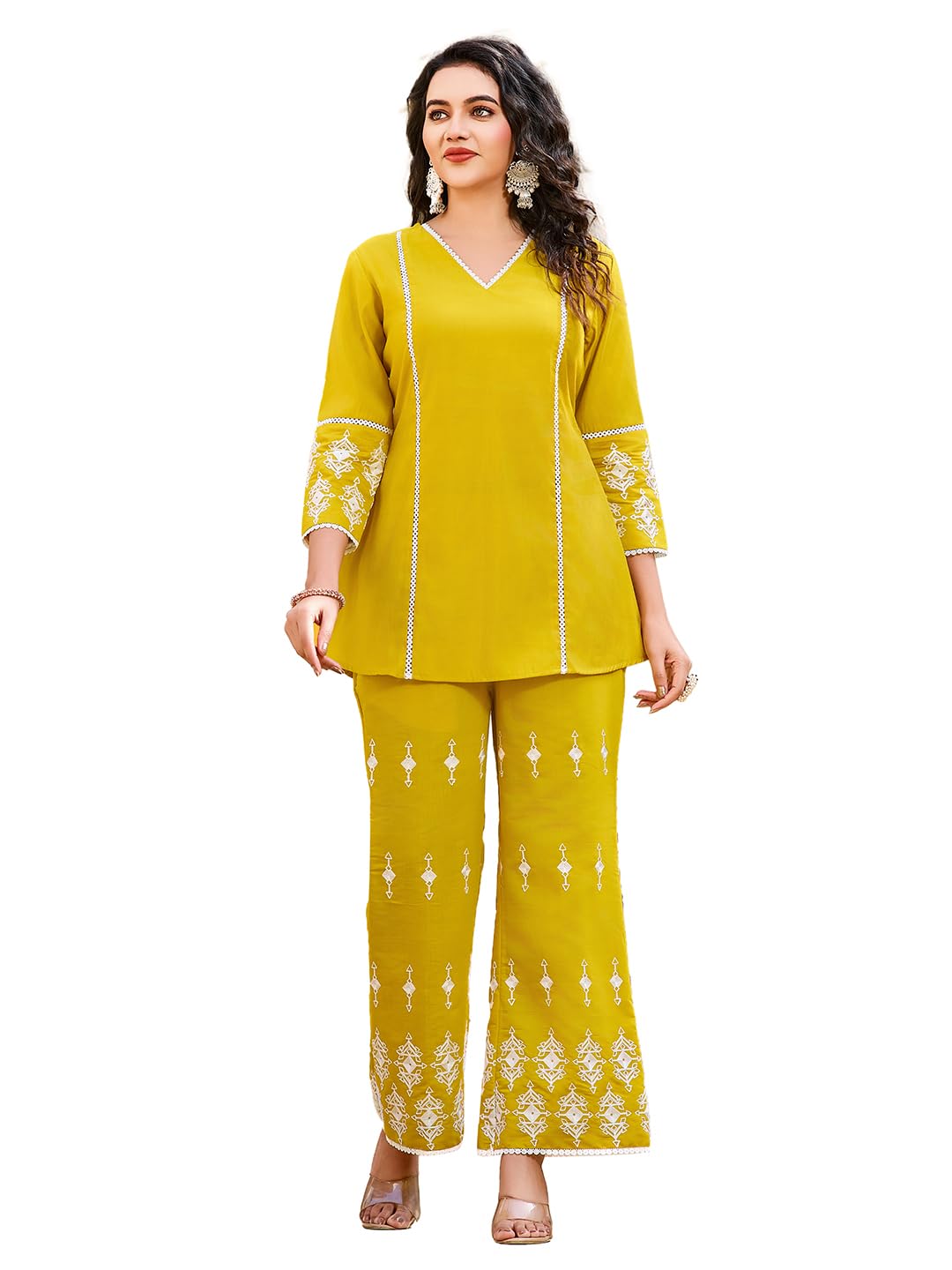 2-Piece Women's Co-ords Set - Silk Blend V-Neck 3/4 Sleeve Regular Fit Casual Shirt & Trousers Embroidered Design-image-42