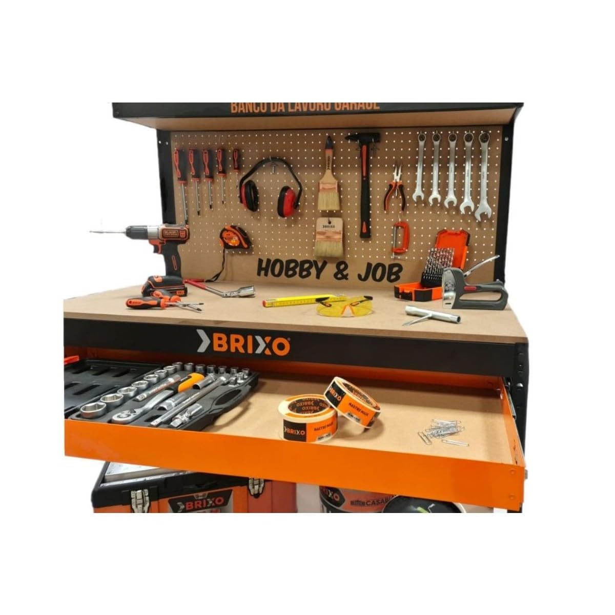 Brixo - Banco da lavoro in legno, con cassetto forato, 120 x 60 x 150 cm