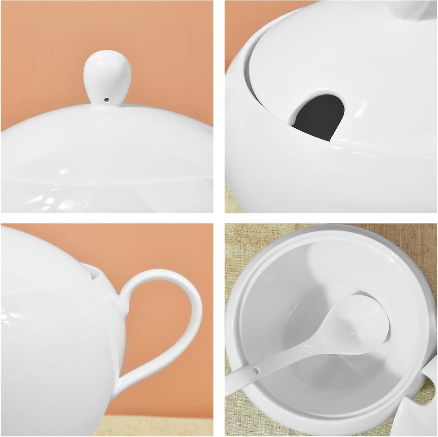 Soupière en céramique avec couvercle et louche - Grande capacité - 2,8 l - Avec poignées - Pour la maison, la cuisine, le dîner - Passe au micro-ondes et au four - Blanc