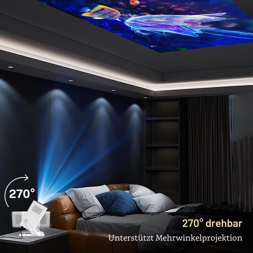 Mini Beamer 4K-Dekodierung, Android 14 & App per Fernbedienung, 720p nativ | Mobiler Klein Beamer mit Wi-Fi 6&Bluetooth 5.4, Auto-Trapezkorrektur, HDMI/USB-Kompatibilität, Smart Handy Projektor Weiß