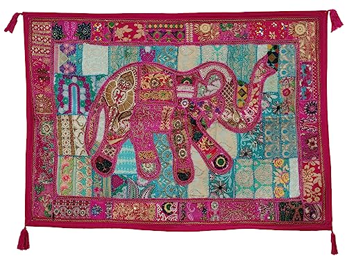 Image of Ekam Art Rajasthani Handmade Heavy Elephant Embroidery Cotton Patchwork Tapestry Cotton Wall Decor Hanging Beaded Tapestries Home Living Room Decor 40 x 60 Inch (Pink)