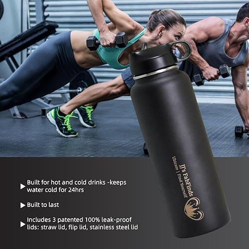 Miniatura 7 de Botella de agua para gimnasio, elegante negro mate, vaso de 40 onzas con asa, 2 popotes, 1 cepillo, taza de café, botella a prueba de fugas, botella