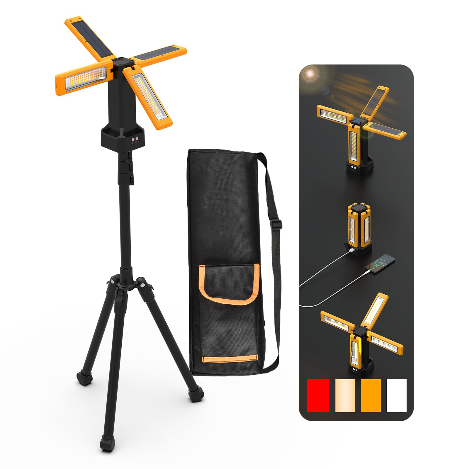 Projecteur de Chantier Solaire à LED Avec Trépied, Lampe de Chantier à Batterie Rechargeable 13200 mAh, Luminosité Maximale Jusqu'à 8000 Lumens(orange）