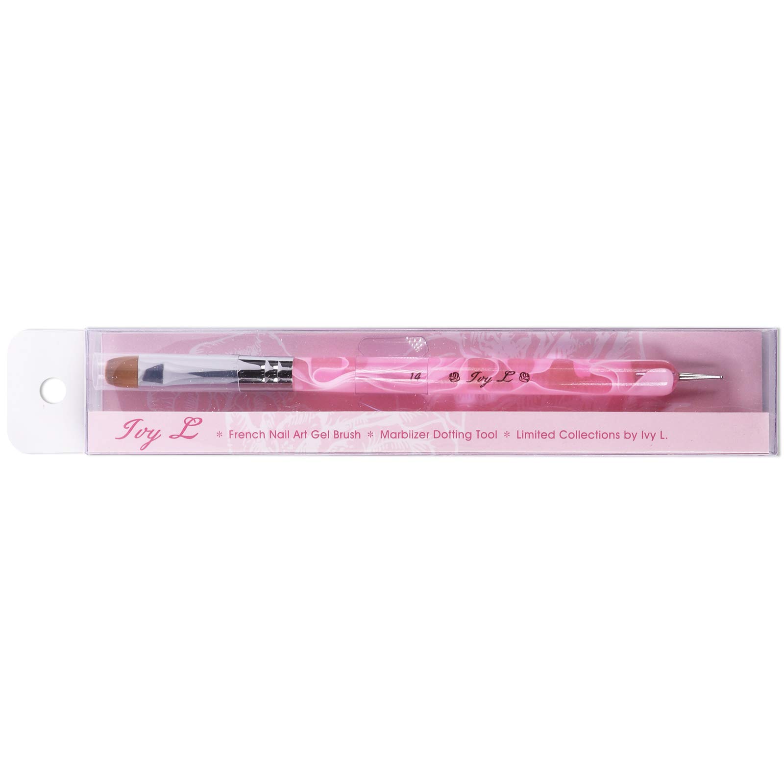 Ivy L - Pennello Kolinsky per nail art in gel acrilico a 2 vie, con strumento per punteggiare, per manicure professionale e pulizia delle cuticole (misura n. 14, marmo rosa)