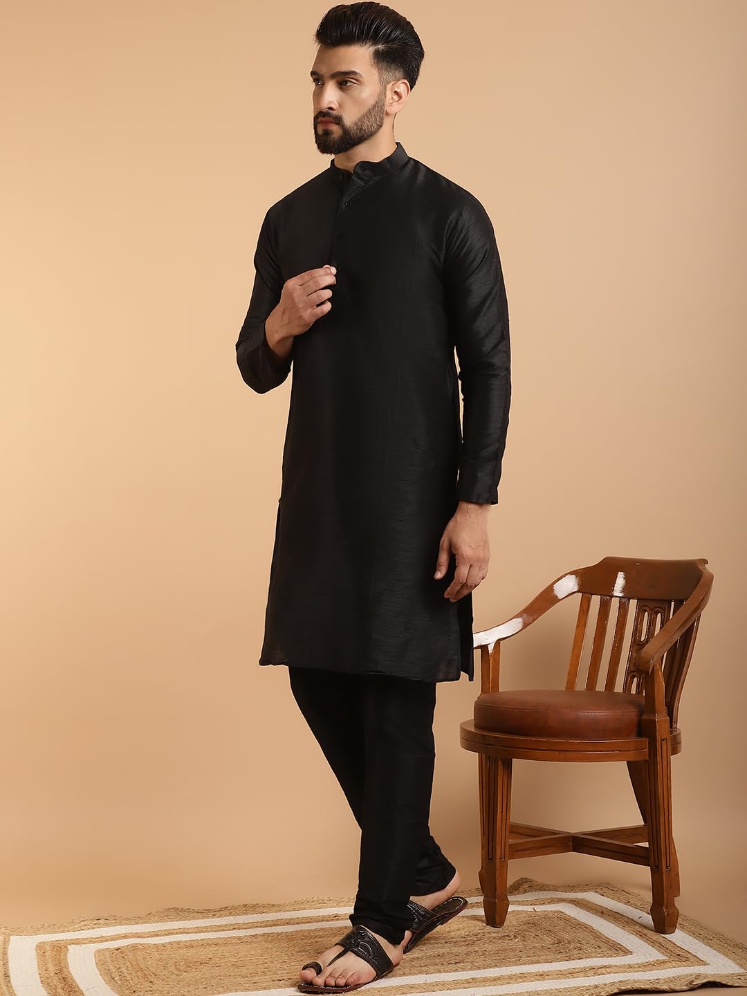 Sojanya (Since 1958 Men's Silk Blend Black Kurta Pyjama & Black Self Design Nehru Jacket Combo