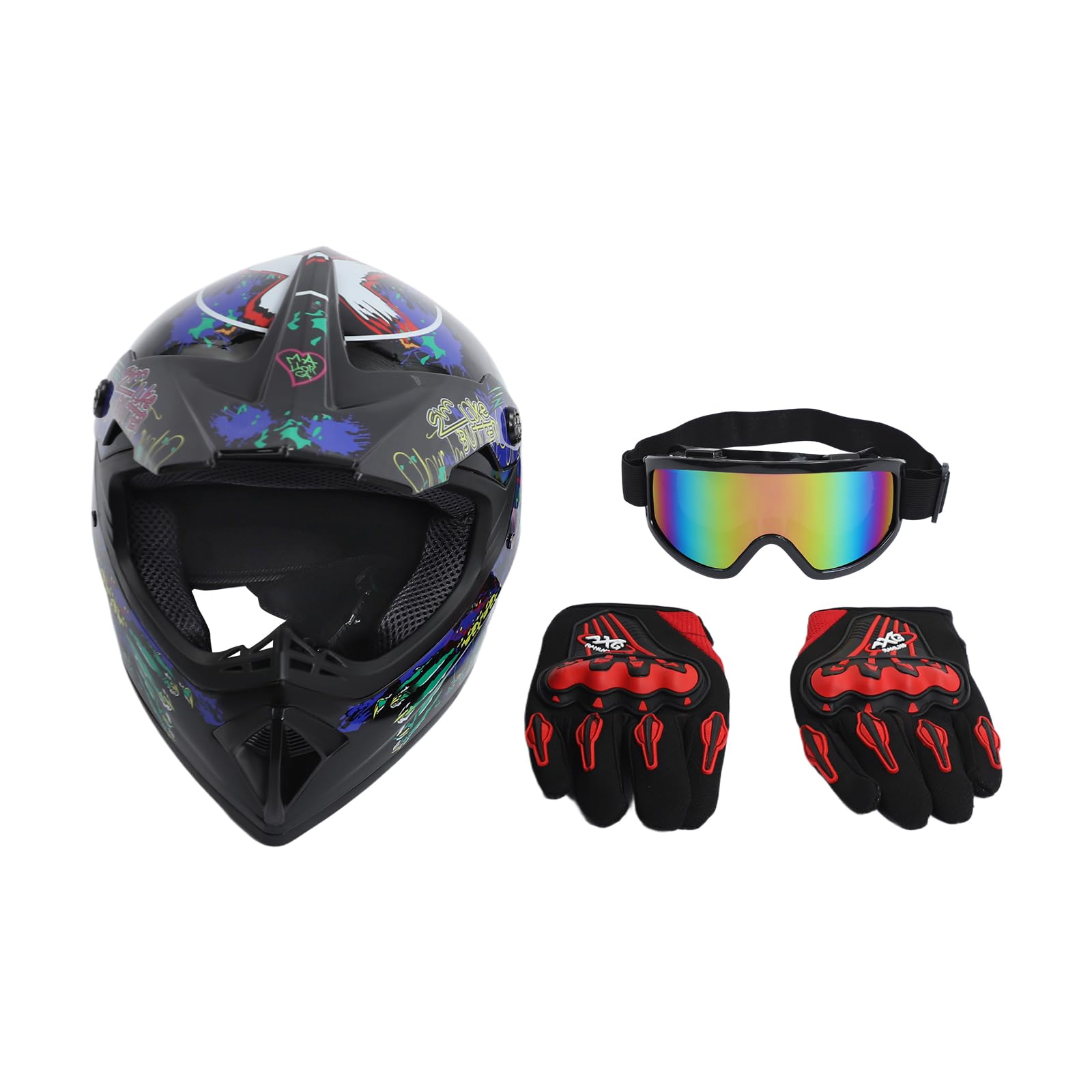 Kask motocrossowy z rękawicami i okularami