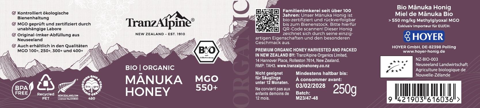 TranzAlpine Manuka Honig BIO-zertifiziert 250g - MGO 550+ | 100 % reiner Premiumhonig aus Neuseeland - Laborgeprüft & Original-Imkerabfüllung