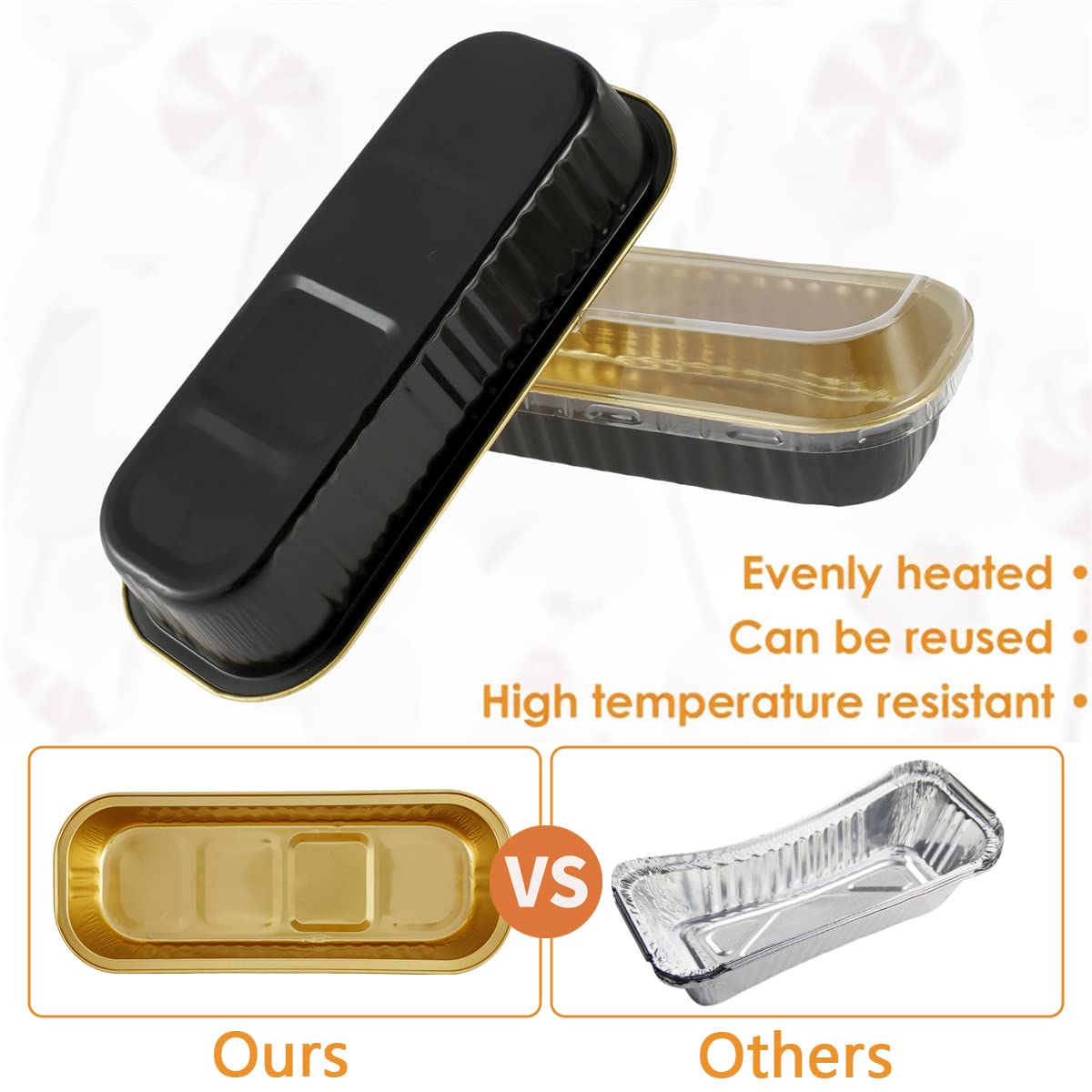 50 mini moldes para tartas con tapas y cucharas, 6.75 onzas, rectangulares de papel de aluminio para hornear, mini moldes para pasteles, resistentes al calor, recipientes estrechos de aluminio para