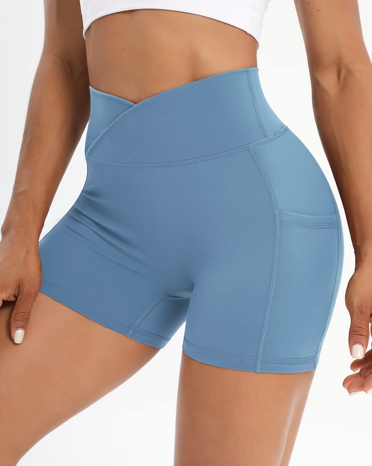 Workout Shorts for Women 2 Pcs Pack Cross Waist Active Gym Spandex Stretchy Yoga Compression with Side Pockets - Image 2