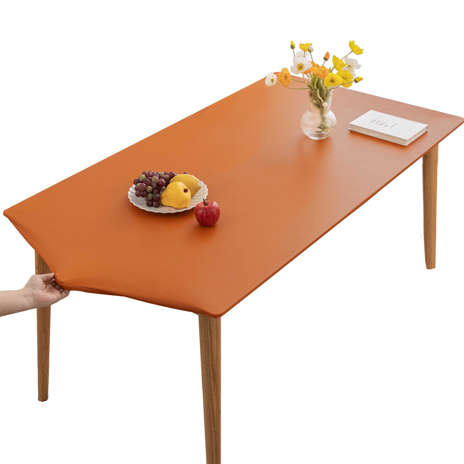YCDZSW Rectangular Table Cloth Waterproof Wipeable- Elastic Edged Vinyl Rectangular Fitted Tablecloth,Table Cover for Kitchen,Dining,Courtyard,Party,Indoor,Outdoor Tabletop Decor (90X140CM,Orange)