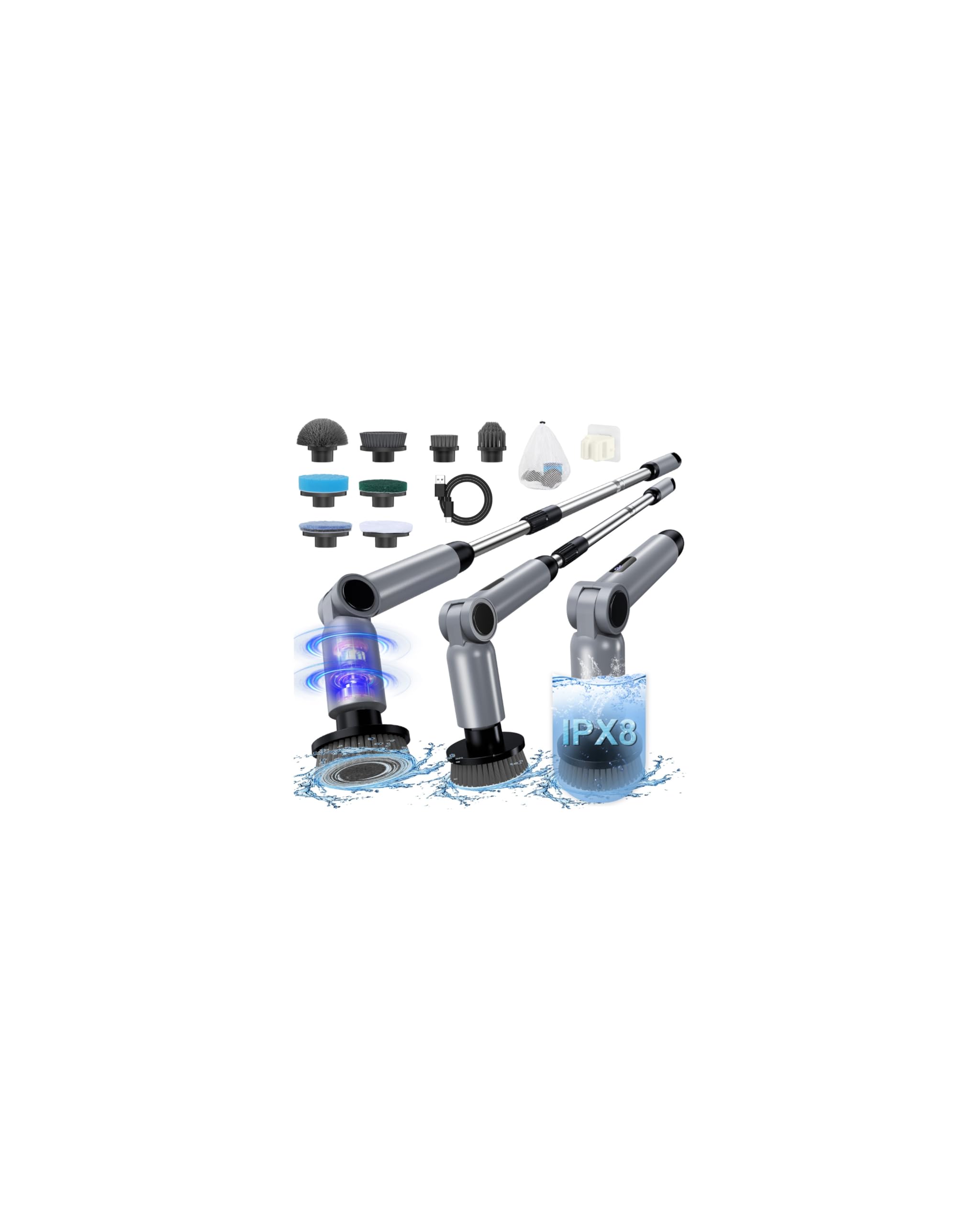 Elektrische Reinigungsbürste, IPX8 wasserdicht, 50 kg Drehmoment | elektrische Putzbürste mit 8 Bürstenköpfen, zusammenklappbar, Electric Spin Scrubber schnurlos für Bad, Küche, Auto