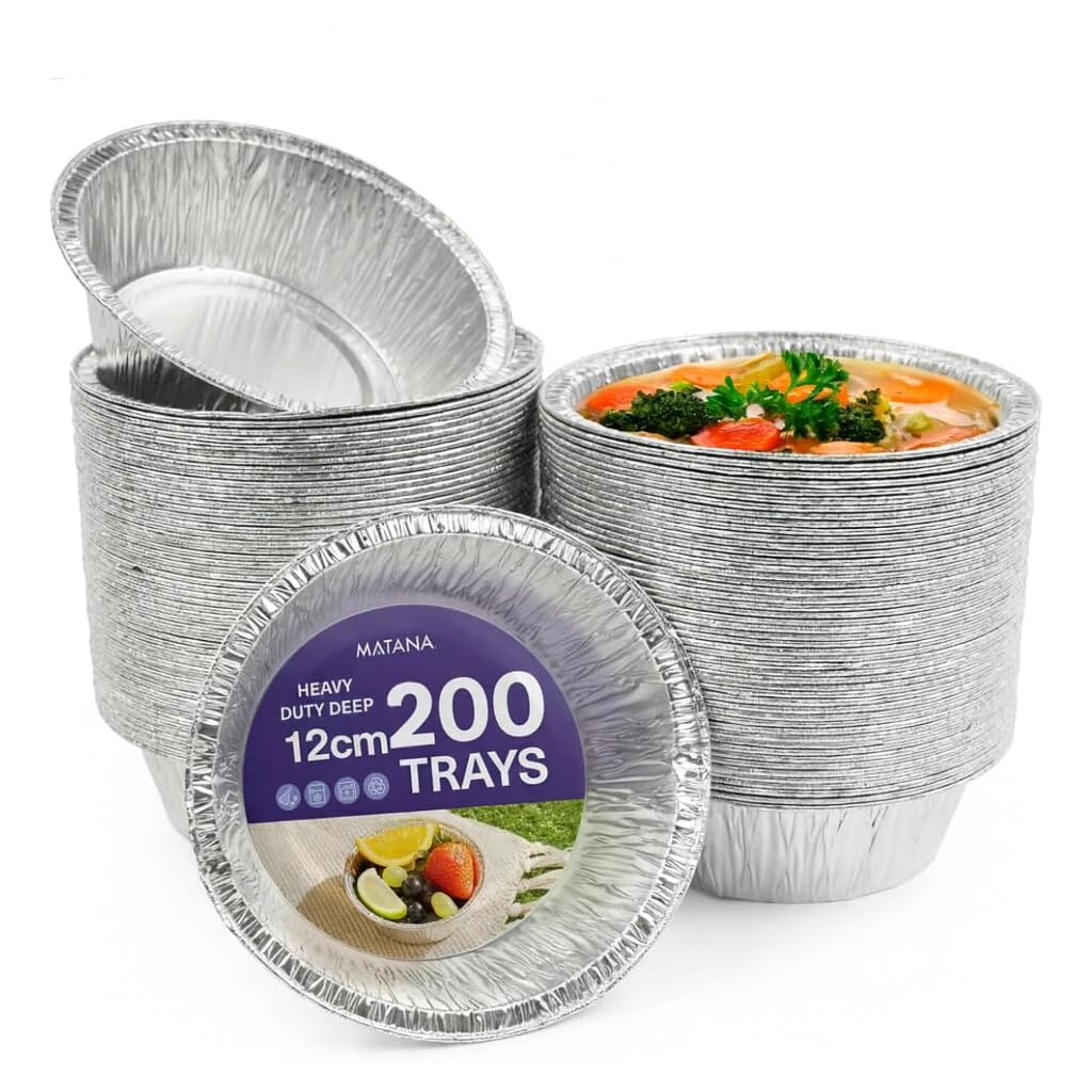 MATANA 200 Aluschalen Rund – 12 cm / 5 Zoll (250 ml), 4,5 cm tief | Schwerlast-Aluminium Alu Backformen/Alubackformen – Für Linzertorte, Quiche, Tarte, Kuchen & Desserts – Ofenfest & Gefriergeeignet