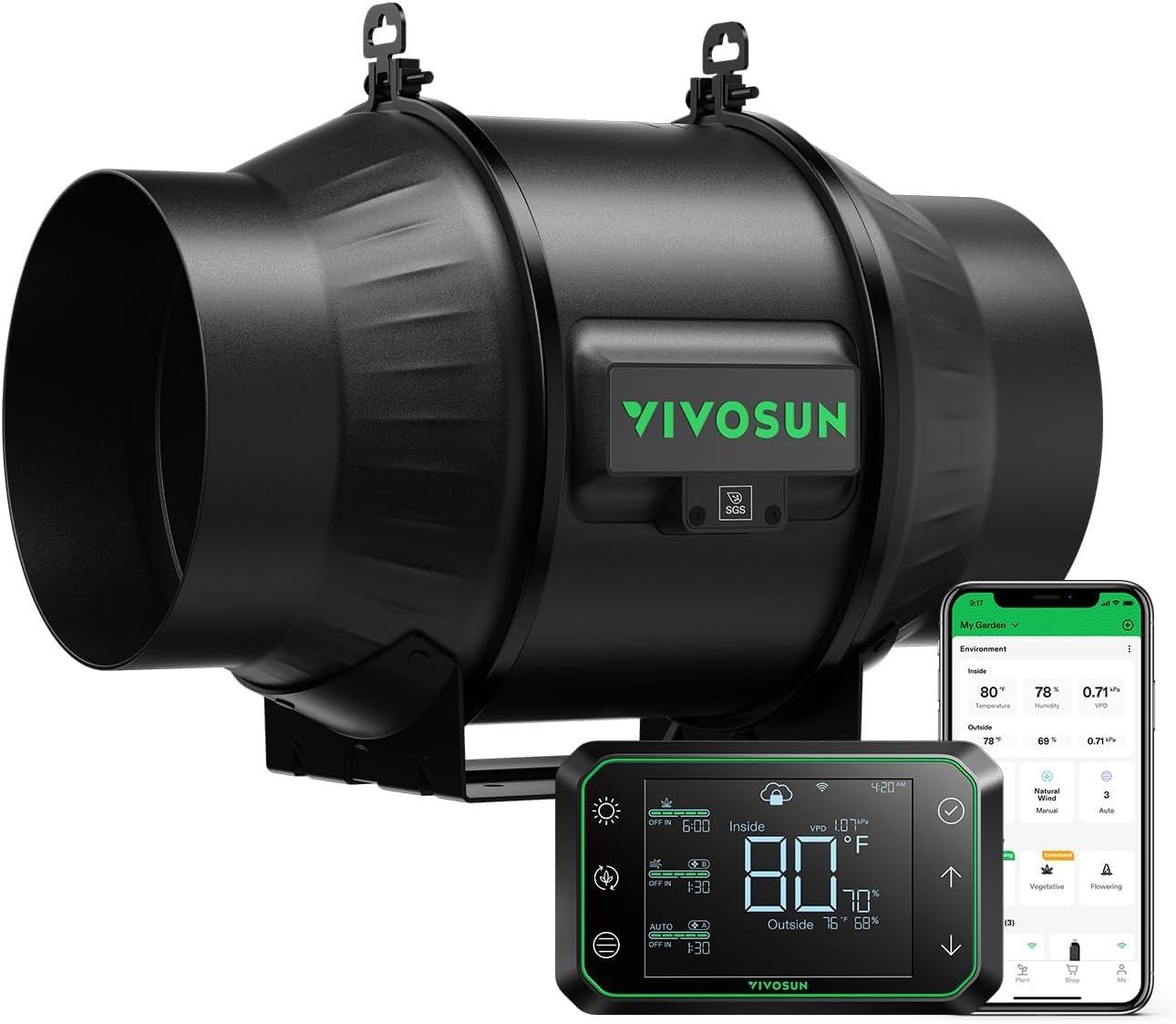 AeroZesh T6 Inline Duct Fan, Quiet 6" 408 CFM Ventilation Exhaust Fan w/EC Motor and GrowHub E42A Temperature Humidity WiFi-Controller