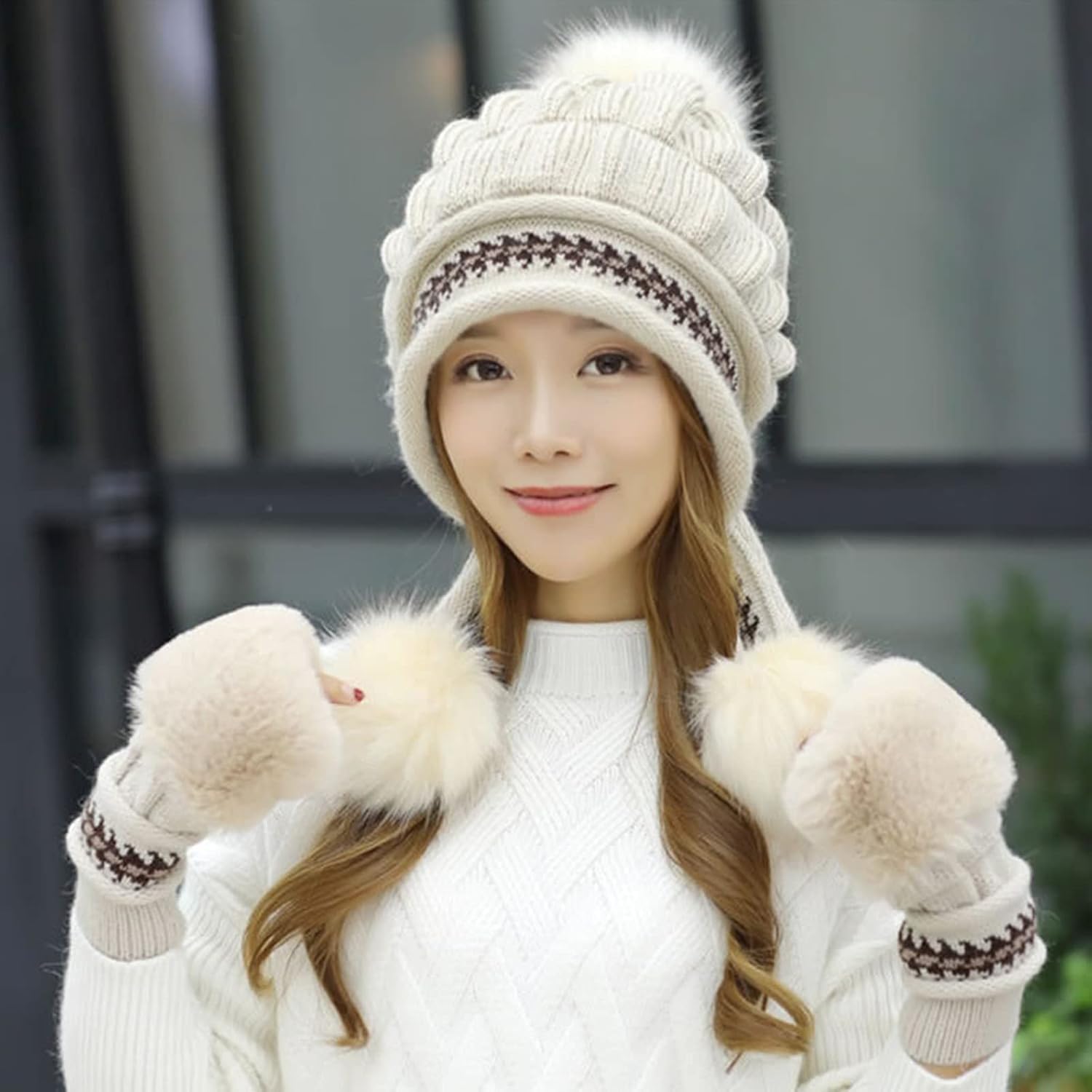Gorro de Invierno para Mujer, Gorro de Punto de Invierno con pompón, Gorro de Punto de Felpa y protección para los oídos cálido y Grueso para otoño e Invierno