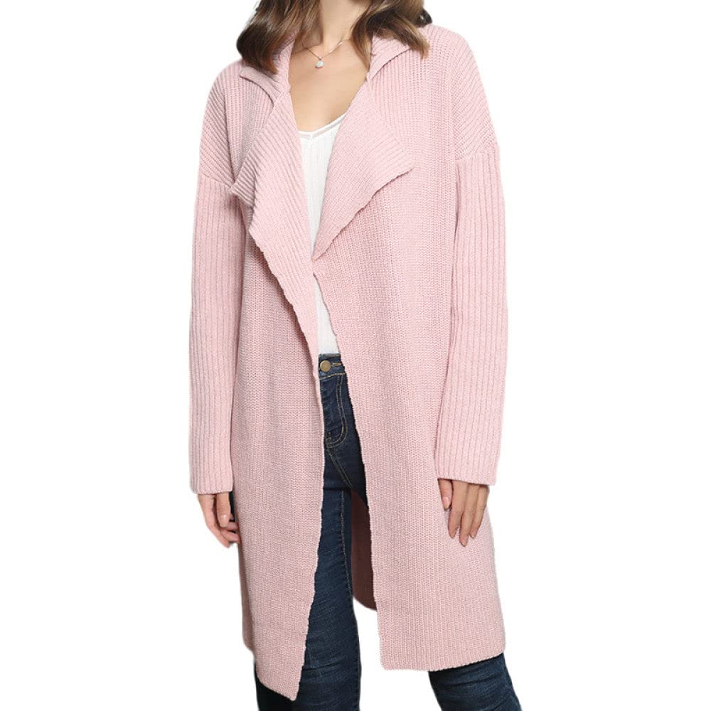 HGJH Pullover Damen, Damen Strickpullover Vorne Offen Lange Strickjacke Jersey Strick Revers Kimono Einfarbig Rosa Strickjacke Weich Elegante Leichte Herbstjacke Für Lässiges Business