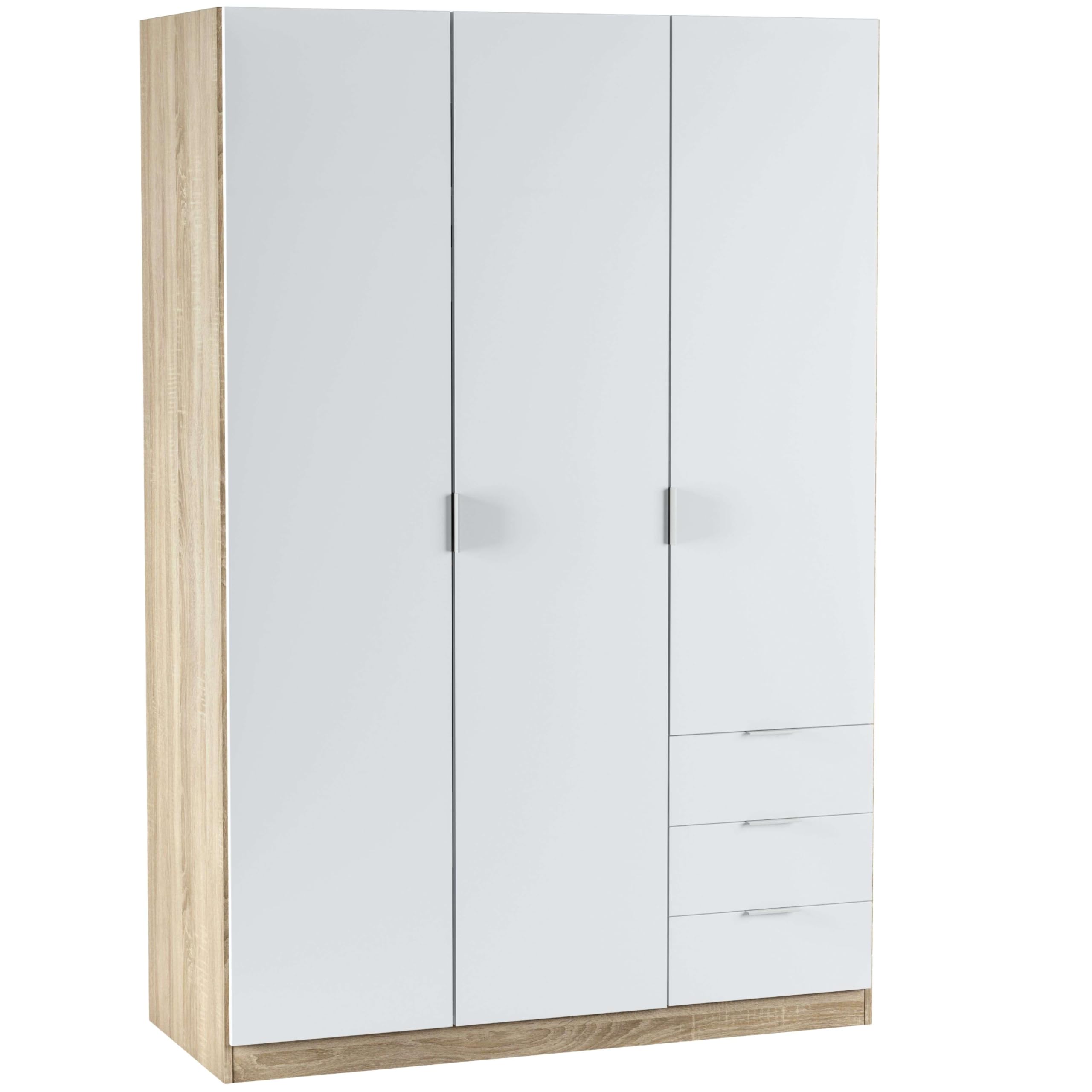 Habitdesign Artik-Weiß Und Kanadische Eiche Kleiderschrank Mit 3 Drehtüren Und 3 Schubladen – Moderner Schrank In Kanadischer Eiche Und Artik Weiß, Viel Stauraum, Maße: 121 X 180 X 52 Cm (B X H X T), Modell Low Cost