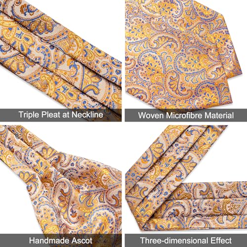 Image of DiBanGu 3PCS Ascot Ties for Men Wedding Jacquard Woven Silk Ascot Cravat for Men Cravat Tie and Pocket Square Set