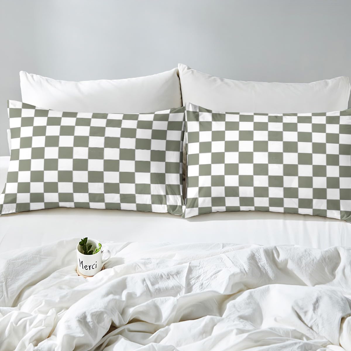 Homewish White Sage Green Checkered Bedding Set Buffalo Plaid Grid Comforter Cover Single For Kids Adults Men Women Checkerboard Duvet Cover Aesthetics Gingham Quilt Cover Modern Room Decor - Image 4
