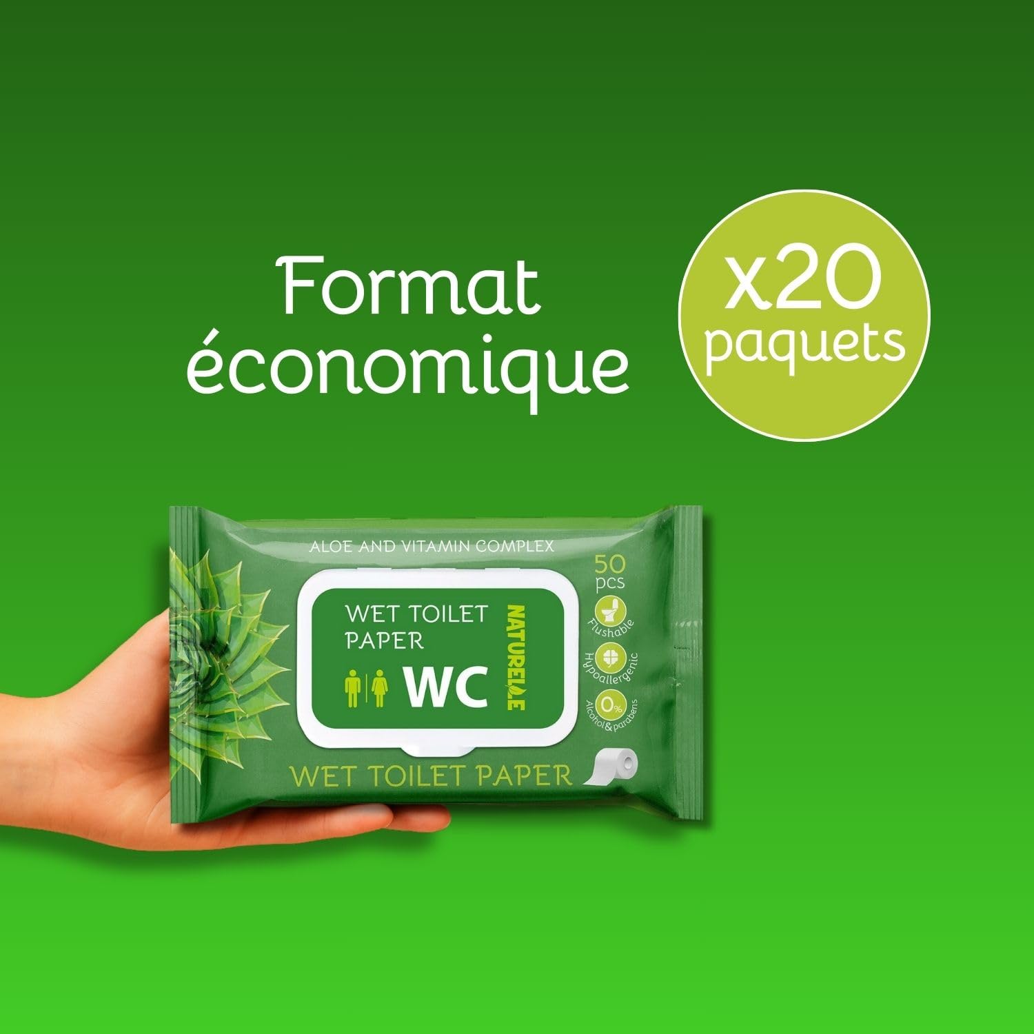 NATURELLE Papier Toilette Humide à l'Aloe Vera 1000 unités Lingettes WC Biodégradables Flushables