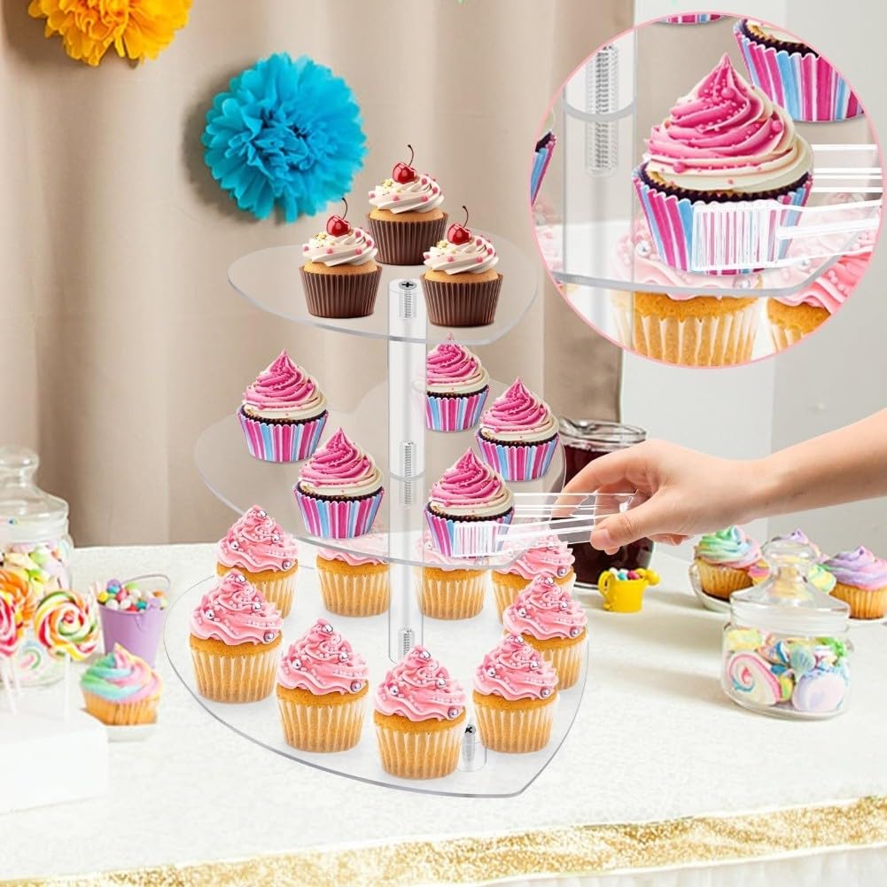 Soporte acrílico para cupcakes de 3 niveles con forma de corazón, grado alimenticio, para bodas, fiestas, cumpleaños y baby showers, con capacidad para hasta 25 cupcakes