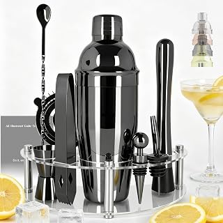 9-Piece Cocktail Shaker with Stand, 25oz Bartender Kit, Cocktail Shaker with Strainer Set, Bar Set Jigger for Bartending Drink Mixer Set, Cocktail Set Recipe (Black)