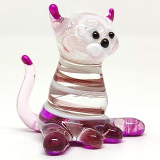 Sansukjai Cat Sit Miniature Figurines Animals Hand Blown Glass Art Collectible Gift Decorate, Pink