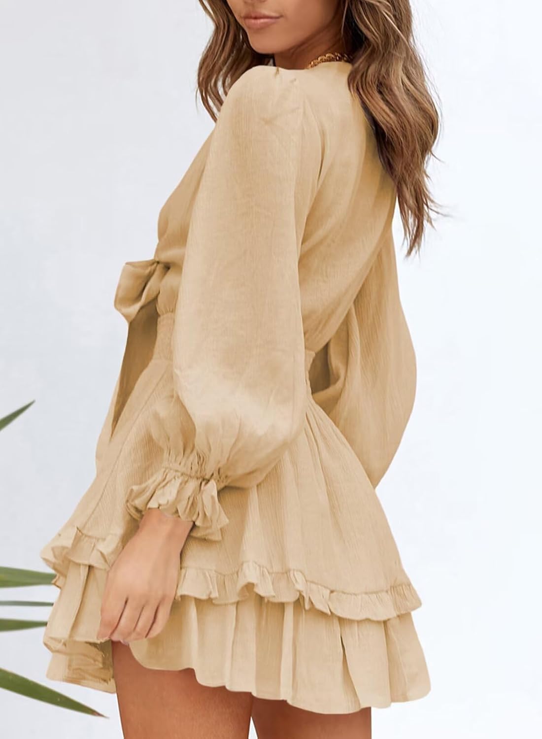 Dokotoo Womens Casual Spring Fall 2025 Deep V Neck Knotted Tiered Chiffon Elegant Mini Short Swing Skater Dresses - Image 3