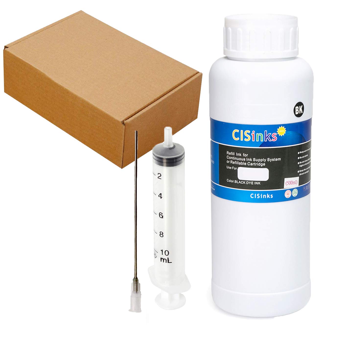 Cisinks Standard Universal Large Black Refill Ink - 500 ml (17 oz) Dye-Based Ink for All Printers + Refill Tool Kits Blunt Injectors