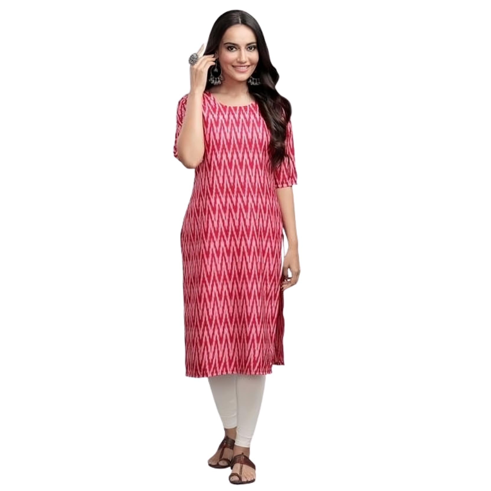 Patlani Women's Cotton Blend Printed Straight Kurta Pink-Zigzeg-Xl